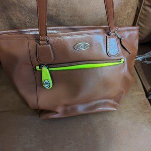 Coach Brown/Neon Green Leather Taxi Tote